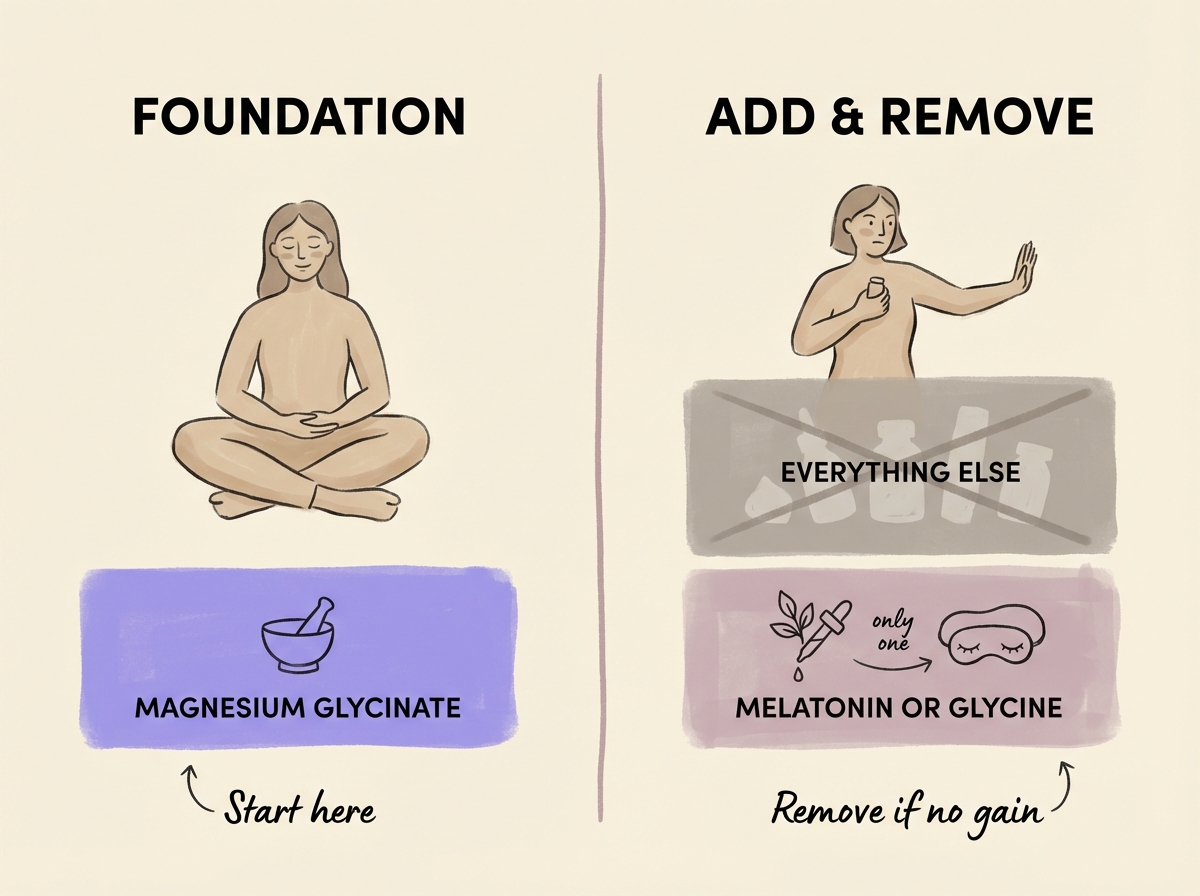 Sleep supplement stack builder: magnesium glycinate as foundation, one optional add-on, remove everything untracked