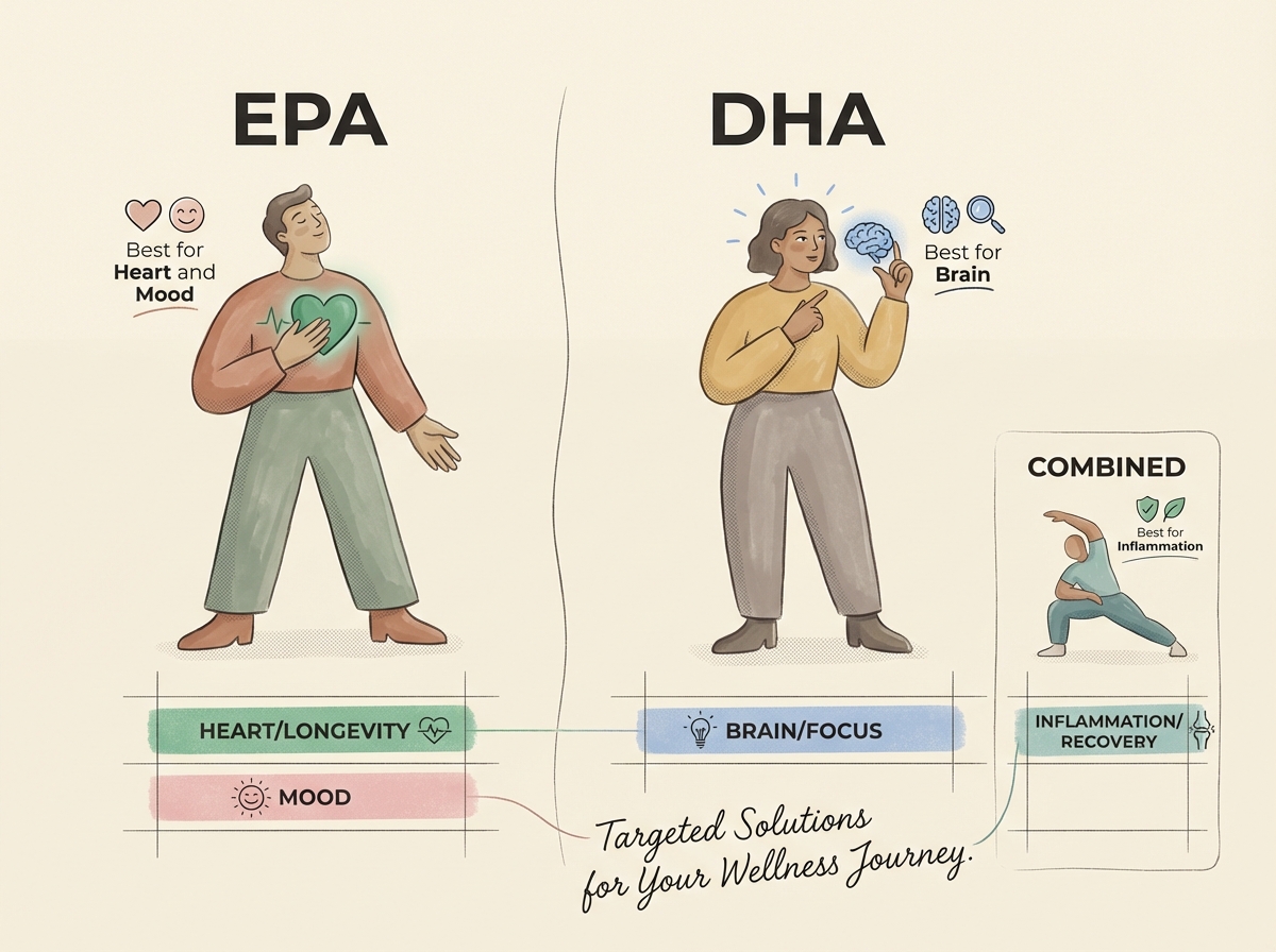 Comparison chart showing EPA is best for heart and mood, DHA is best for brain, and combined EPA plus DHA is best for inflammation