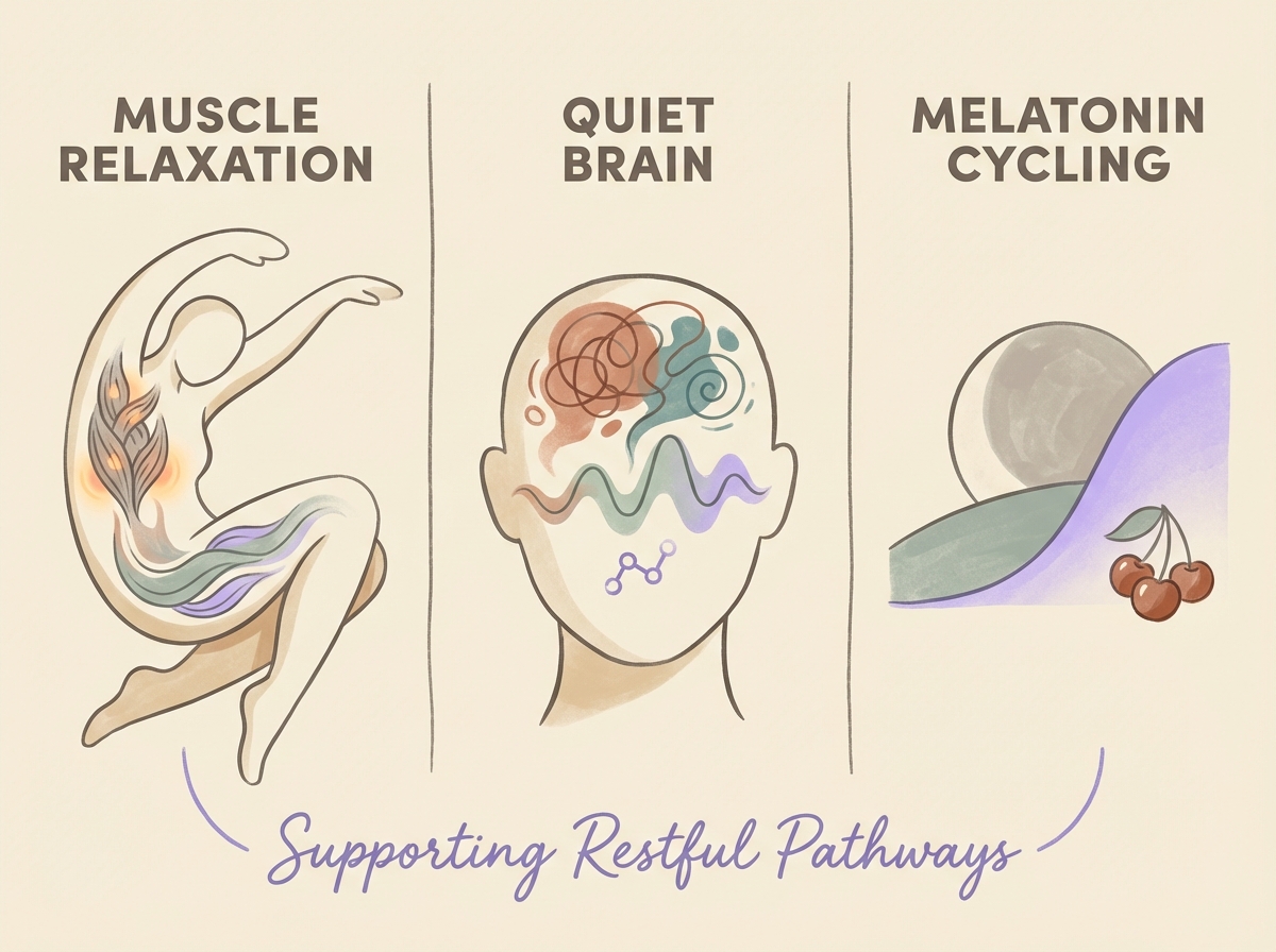 Three sleep pathways: muscle relaxation, thought quieting, and melatonin support
