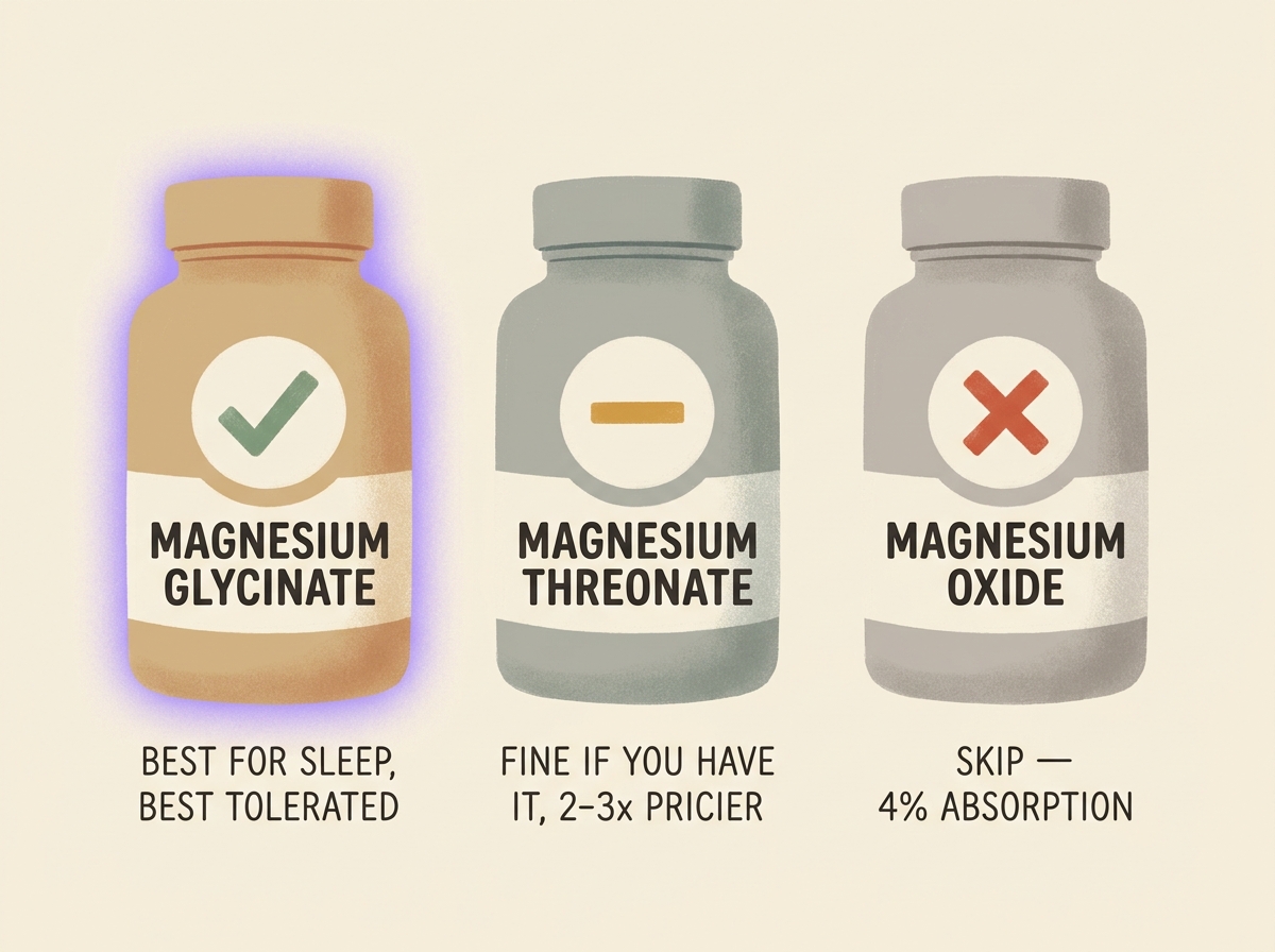Magnesium form comparison: glycinate recommended, threonate acceptable, oxide skip