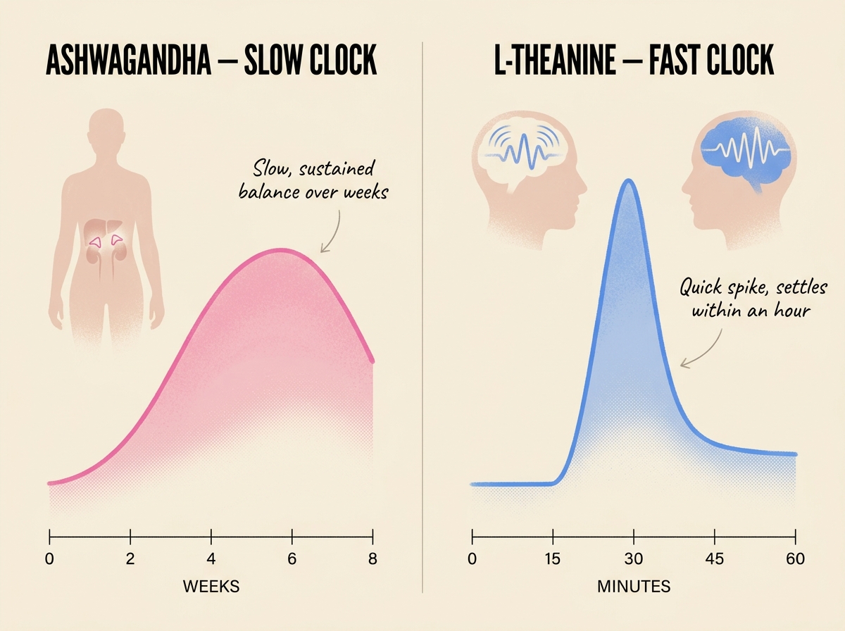 Two stress clocks: ashwagandha works over weeks, L-theanine works in minutes