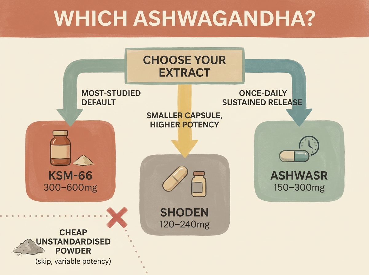 Decision tree: KSM-66 by default, Shoden for higher potency, AshwaSR for once-daily