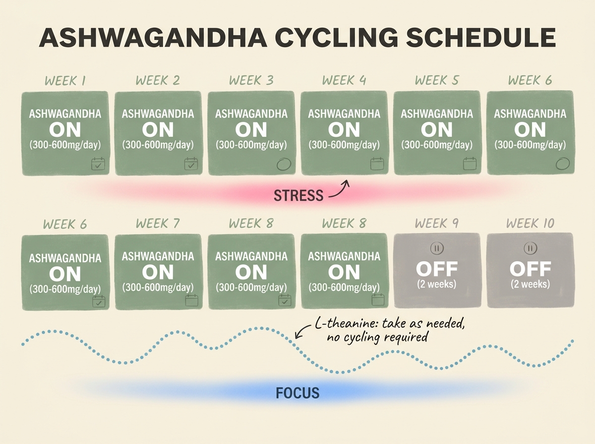 8-week ashwagandha cycle: 8 weeks on, 2 weeks off; L-theanine runs continuously alongside