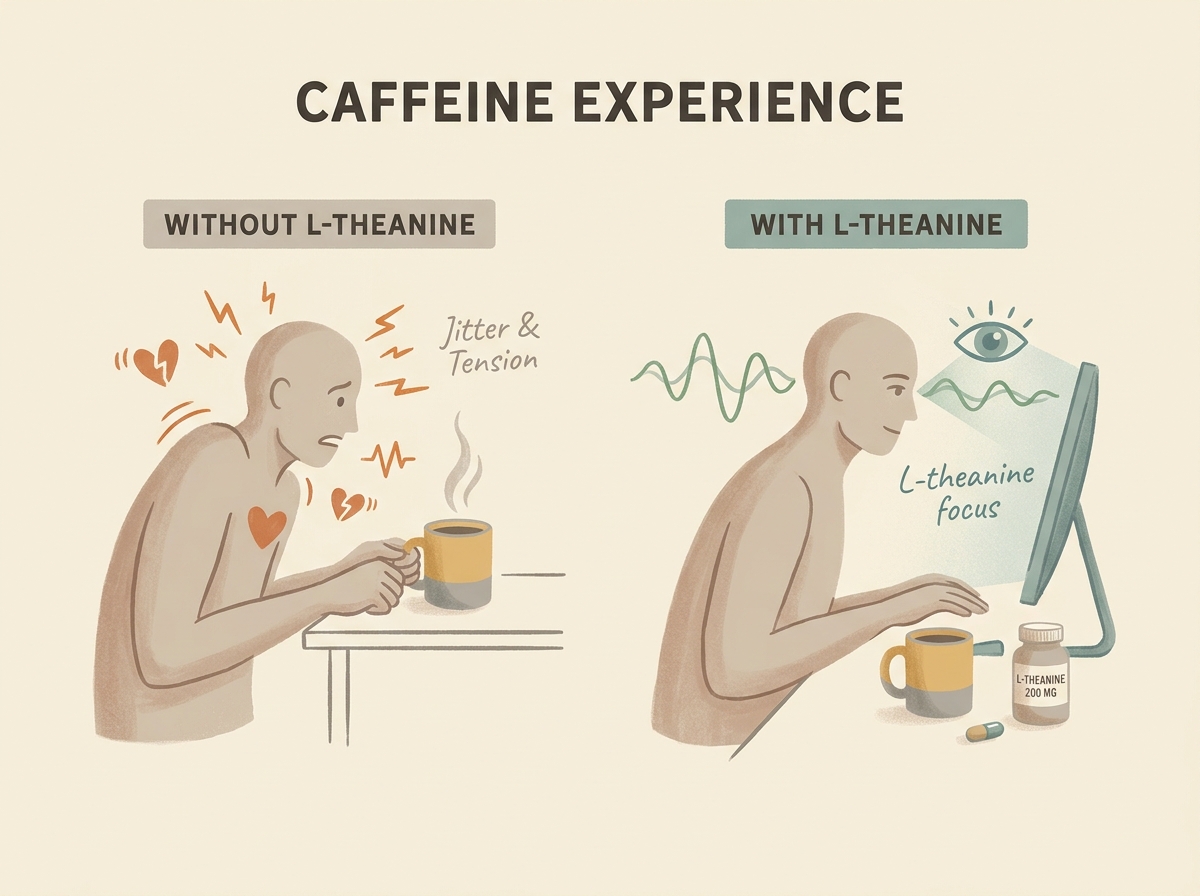Caffeine alone produces alert tension; pairing it with L-theanine preserves alertness while quieting the jitter response