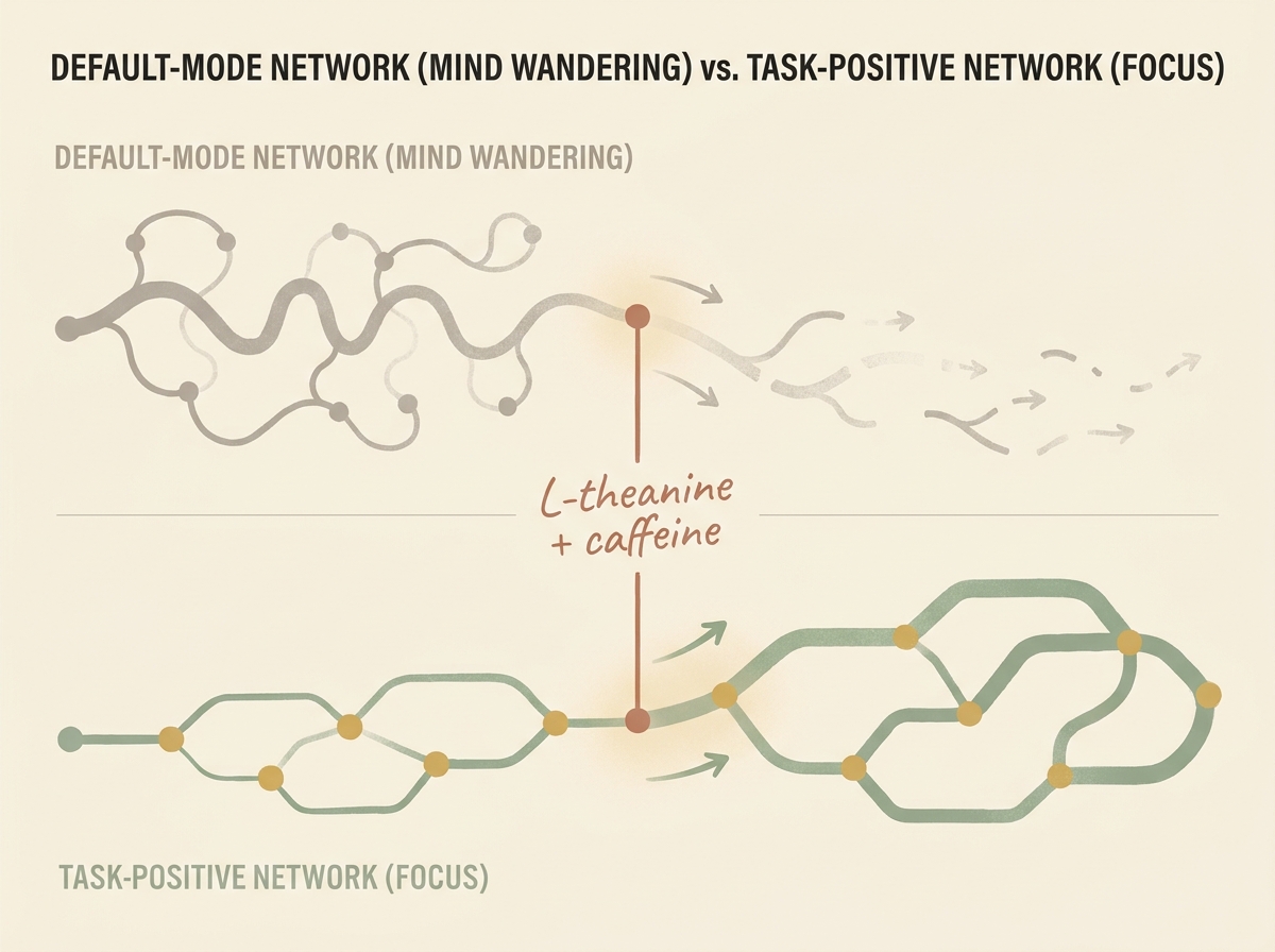 The combination quiets the brain's mind-wandering circuit while keeping the focus circuit strong
