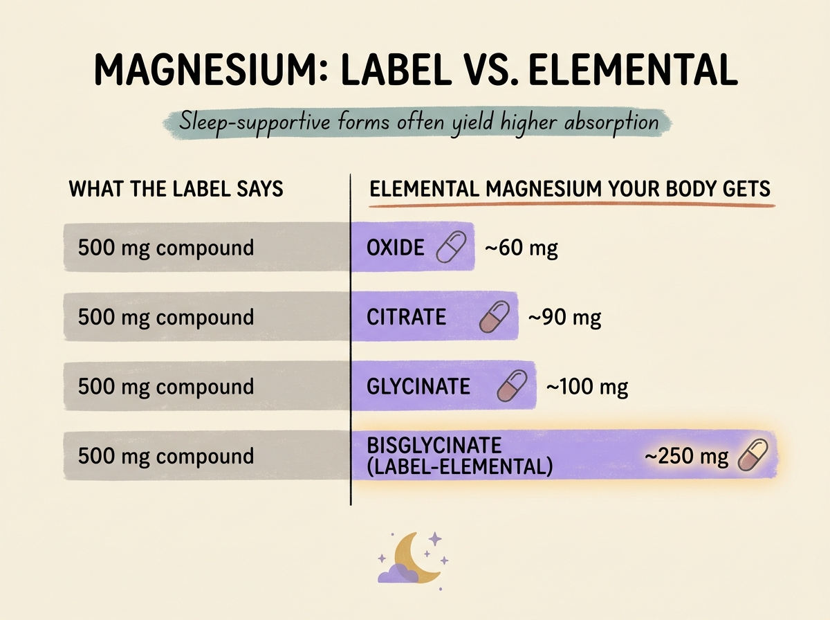 Bar chart showing the elemental magnesium content hidden inside a 500 mg label for four different forms