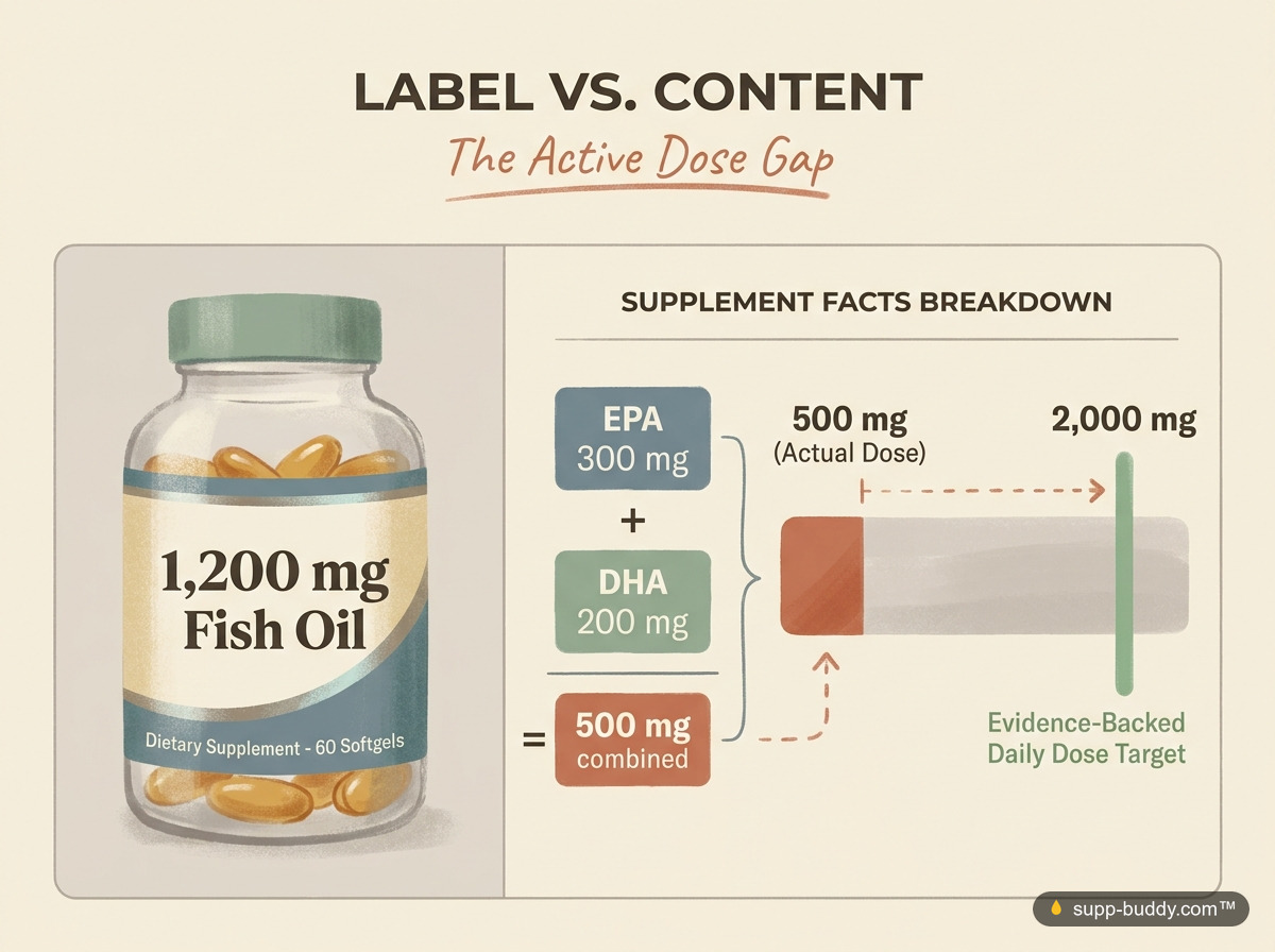 A fish oil label reading 1,200 mg breaks down to only 500 mg of combined EPA and DHA, against a 2,000 mg daily target