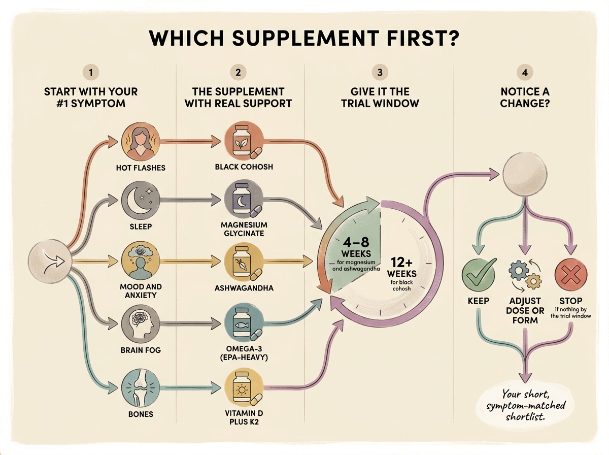 A flowchart from your top symptom to the supplement, dose, trial window, and keep-or-stop decision