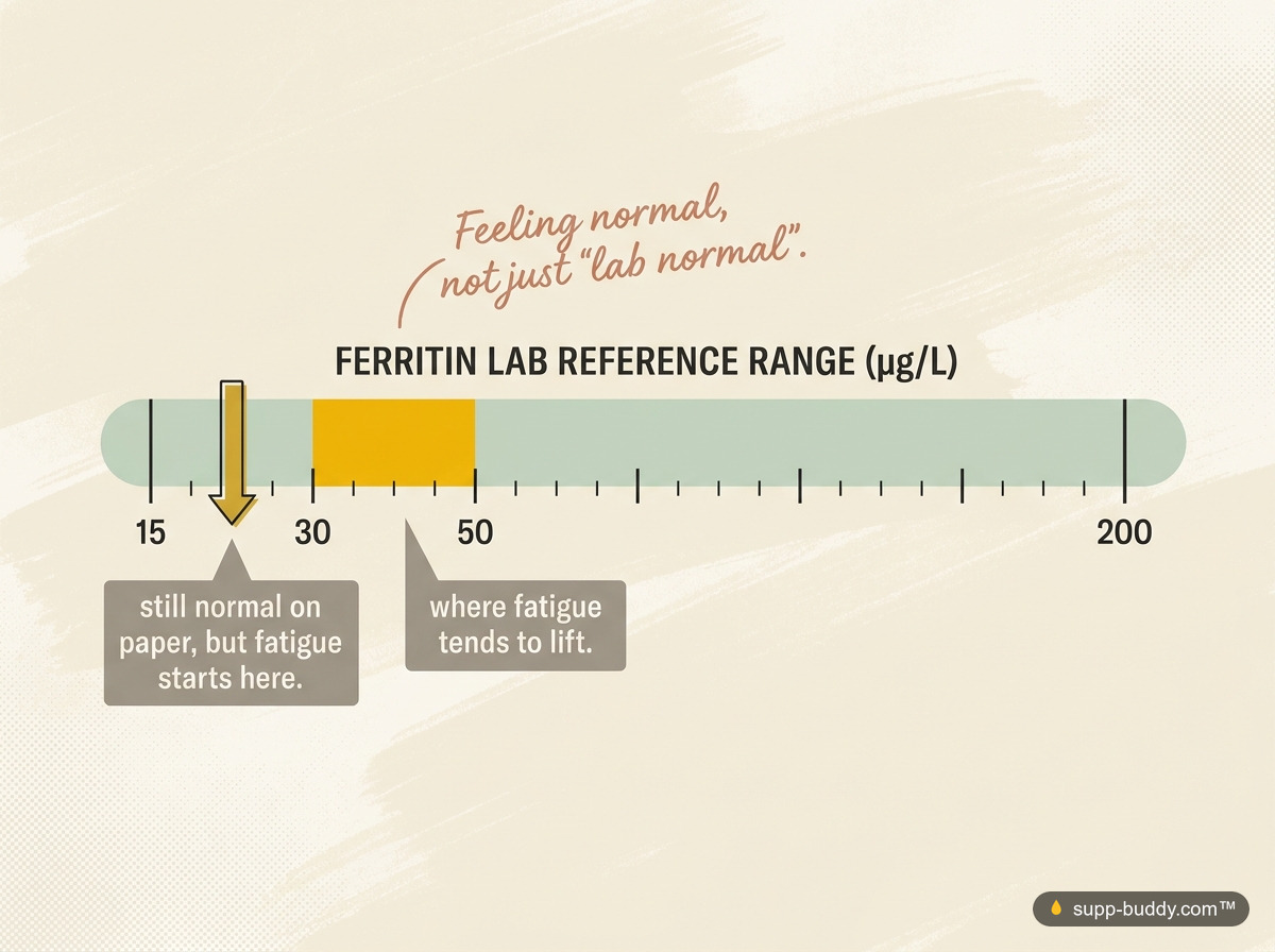 Ferritin scale showing that a result can sit inside the lab-normal range yet still be low enough to cause fatigue.