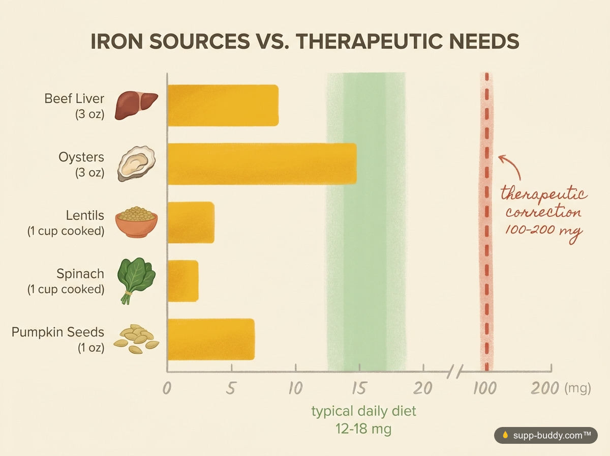 Bar chart of iron per food serving, all sitting far below the 100-200 mg therapeutic correction line.