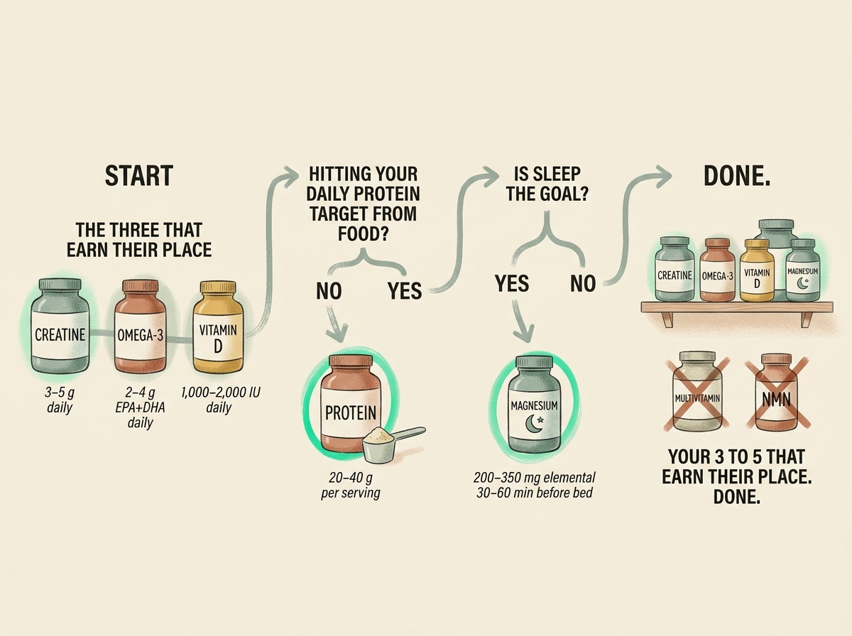 A four-step build-your-stack flowchart: start with creatine, omega-3 and vitamin D, add protein if you are under your target, add magnesium if sleep is the goal, skip the multivitamin and NMN