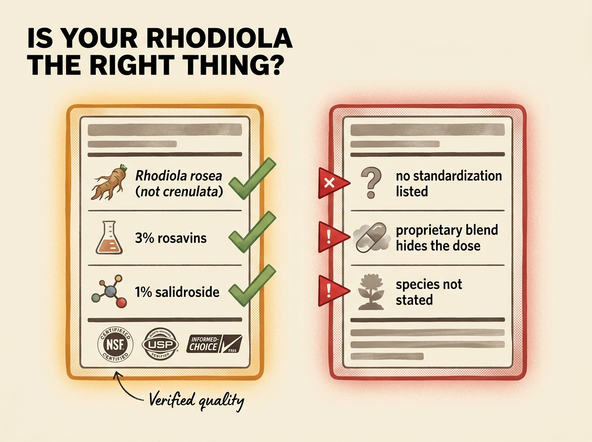 A genuine rhodiola label lists Rhodiola rosea, 3% rosavins, and 1% salidroside; red flags are no standardization, a proprietary blend, and no species named