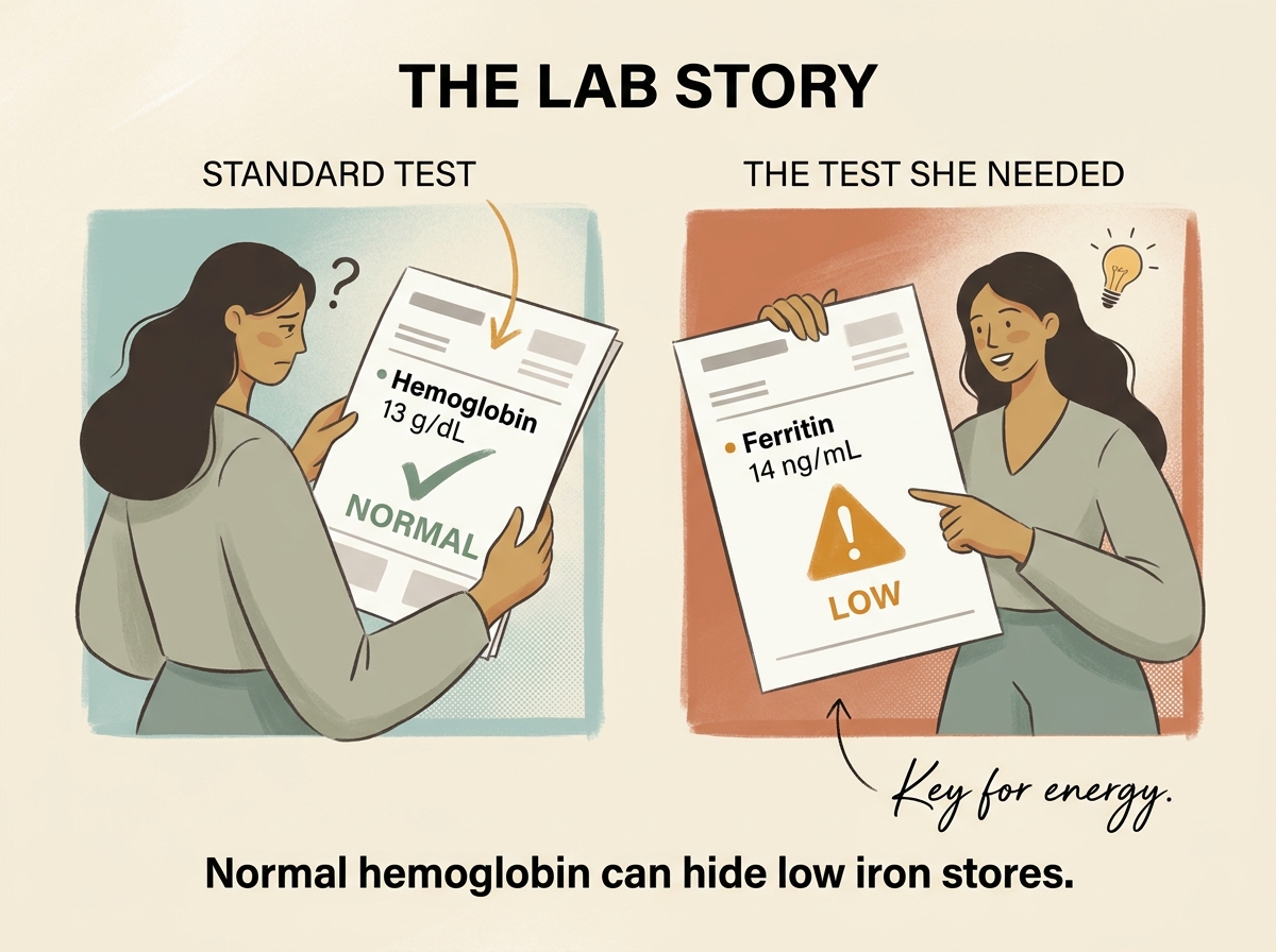 A normal hemoglobin result sitting next to a low ferritin result for the same tired woman