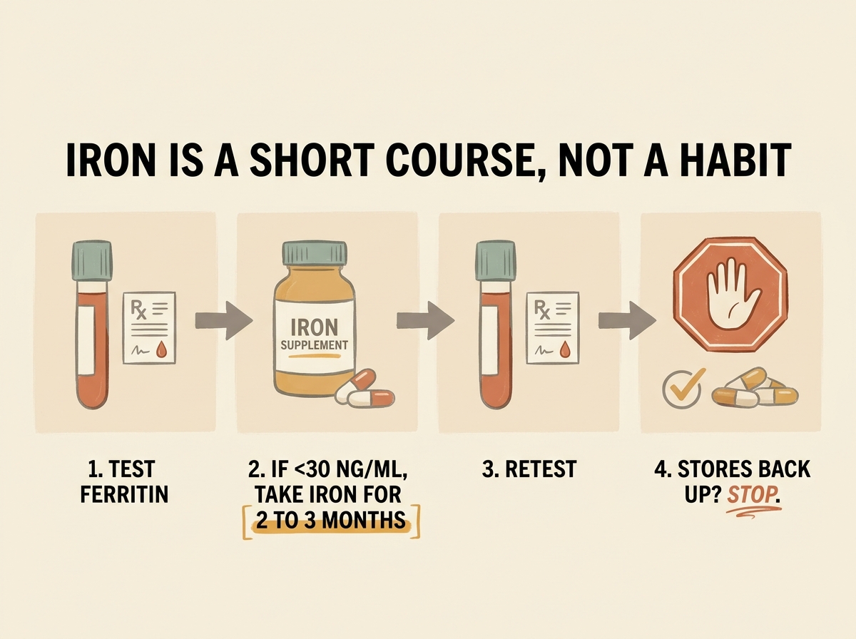 A four-step timeline showing iron taken as a short course, then stopped once stores recover