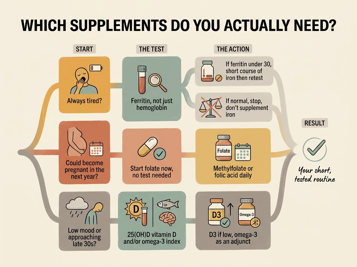 A decision flowchart routing tiredness, pregnancy planning, and low mood to the right test and the right supplement