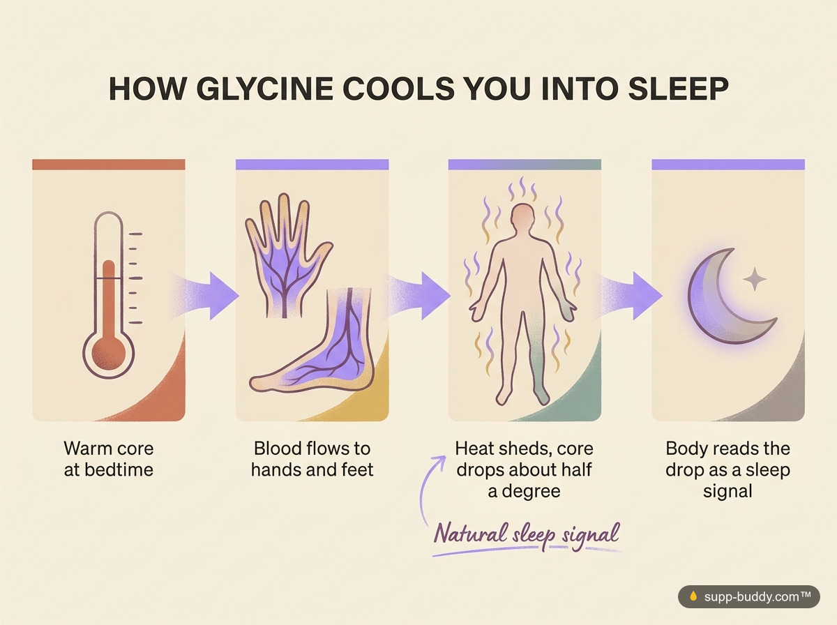 Four-step diagram: warm core, blood flows to hands and feet, heat sheds and core temperature drops half a degree, body reads it as a sleep signal