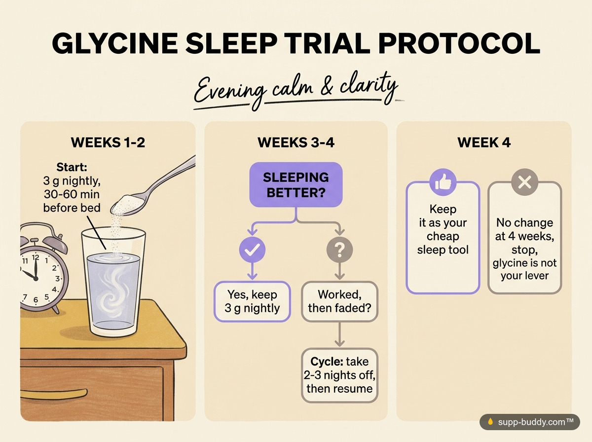 Three-panel flowchart: start 3 g glycine nightly, then keep it, cycle it if it fades, or stop at four weeks if nothing changes