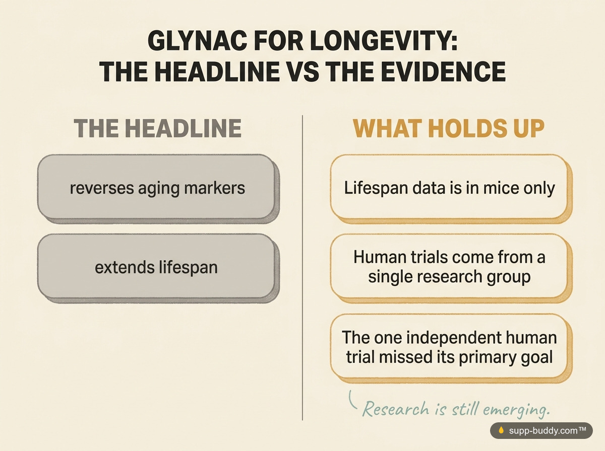 Two-column card contrasting GlyNAC longevity headlines against the limits: mouse-only lifespan data, single-lab human trials, one failed independent trial