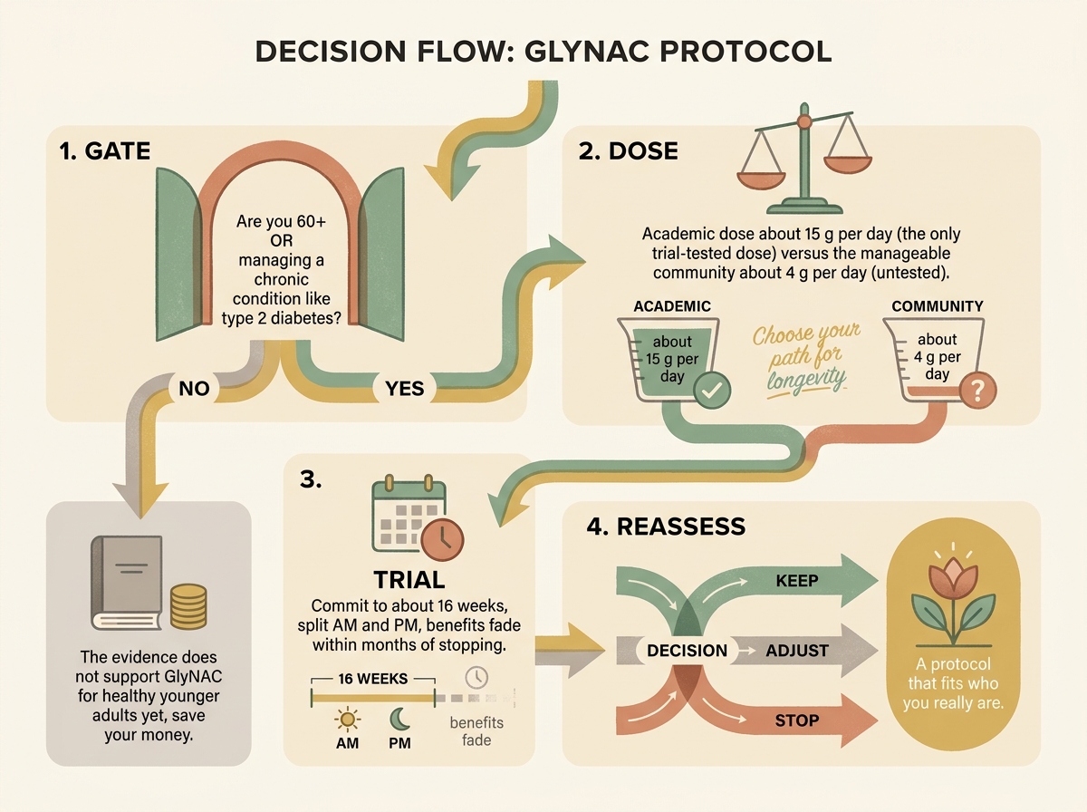 A decision flow for GlyNAC: age and condition gate, then dose, then a 16-week trial, then reassess