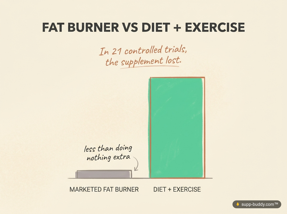 In controlled trials, marketed fat burners did worse than diet and exercise alone