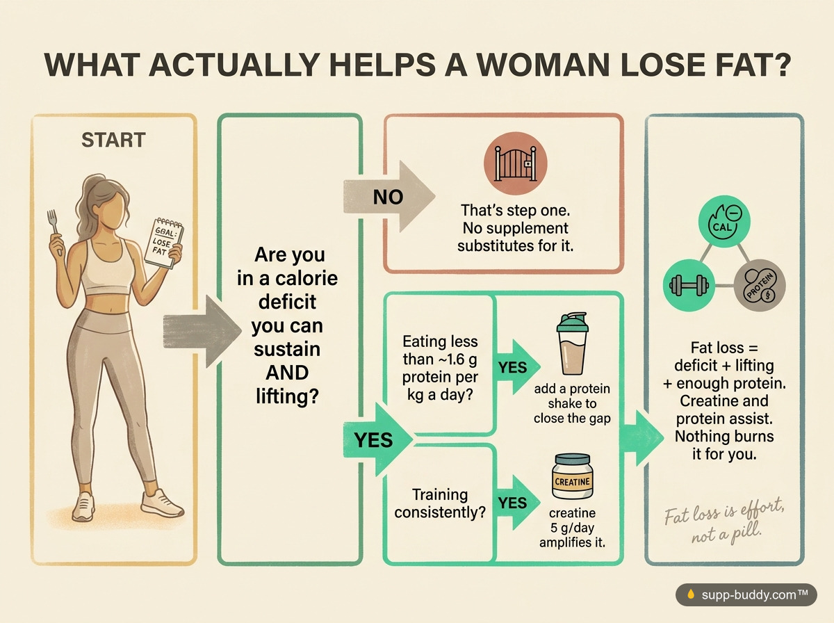 Decision flow: fat loss for women comes from a sustainable deficit plus lifting plus enough protein, with creatine and protein as assists